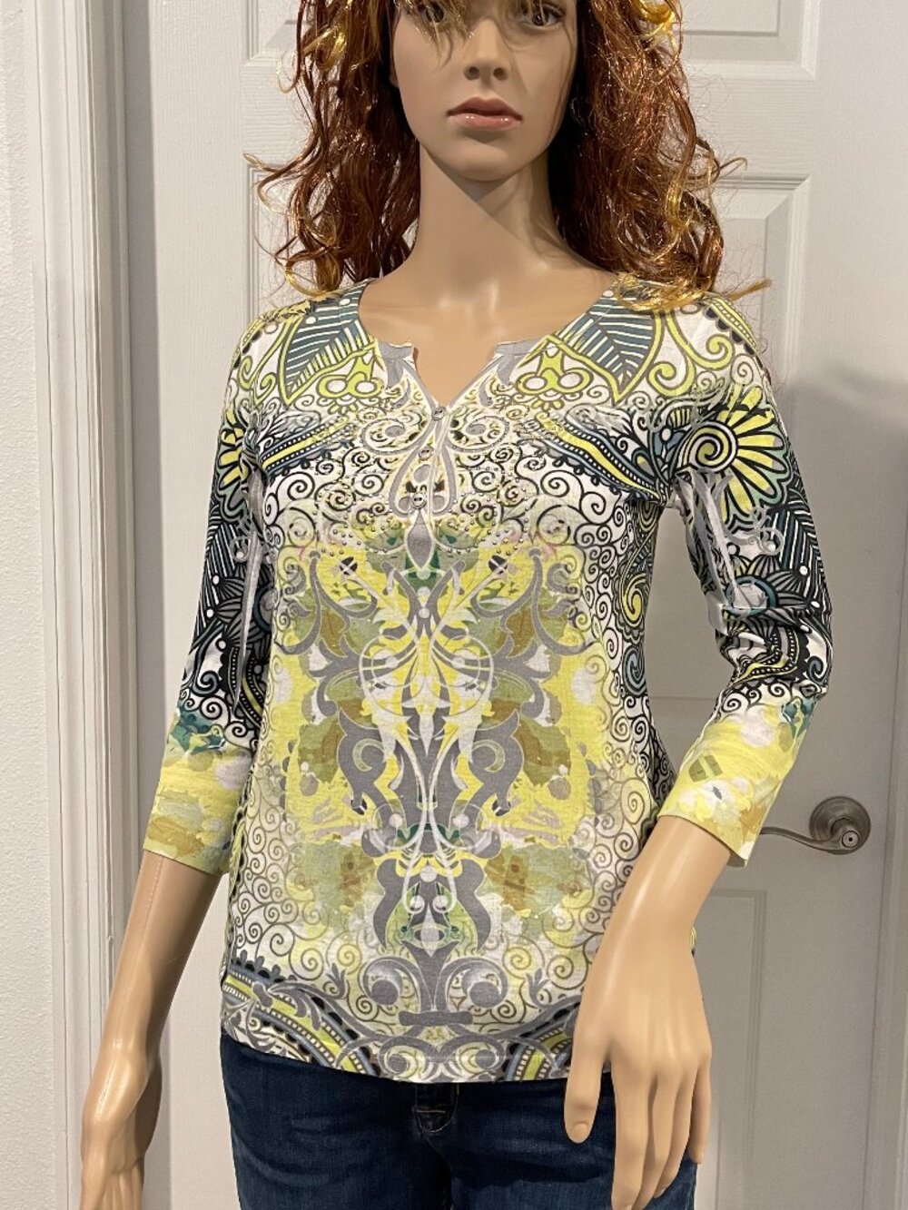Energe by One World Allover Print Embellished Rhinestone Yellow Shirt Sz PS